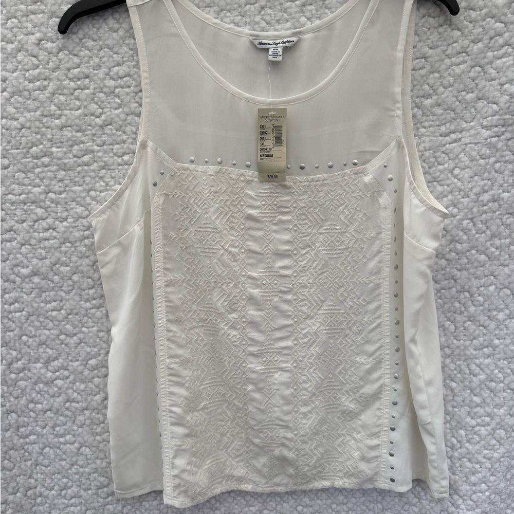 American Eagle Outfitters Cream Embroidered Camisole with Stud Detail M